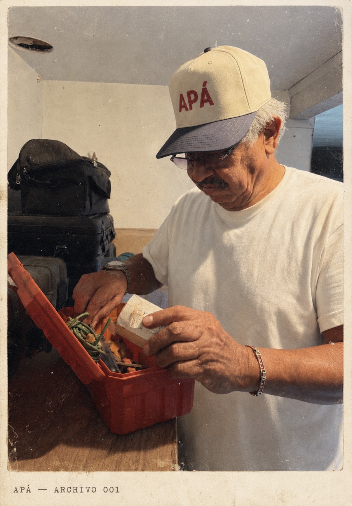 Archival photograph of the artist's father working with his hands.